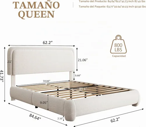 Vista 2 de Marco de cama tamaño Queen con cabecero ajustable, plataforma tapizada en bouclé con listones de madera, esquinas suaves anticolisión, no necesita