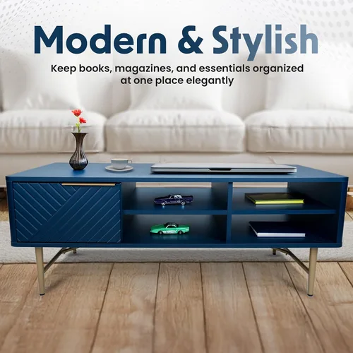 Vista 6 de Mesa de centro moderna con almacenamiento, acabado mate azul oscuro con patas doradas, mesa de centro cuadrada para sala de estar y granja