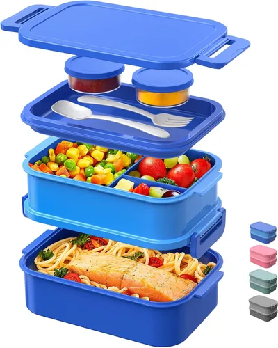 Vista 11 de DaCool Lonchera Bento para adultos, caja Bento de 74 onzas, contenedor apilable todo en uno para adultos, caja Bento grande con tenedor, cuchara