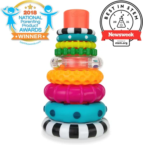 Vista 2 de Anillo de apilado de pilas de círculos de Sassy, juguete de aprendizaje STEM, a partir de 6 meses, multicolor, juego de 9 piezas