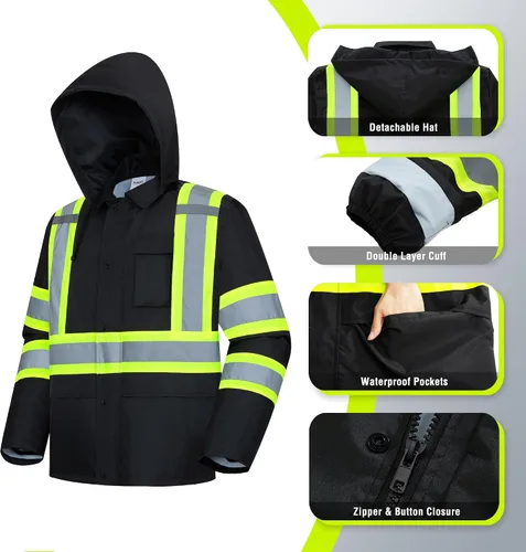 Vista 3 de ProtectX Ropa de lluvia impermeable de alta visibilidad para hombres y mujeres, chaqueta reflectante de seguridad y pantalón de alta visibilidad