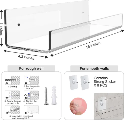 Vista 3 de Estante flotante de acrílico transparente de 15 pulgadas, 6 piezas montadas en la pared, estante invisible para especias, estantes de almacenamiento