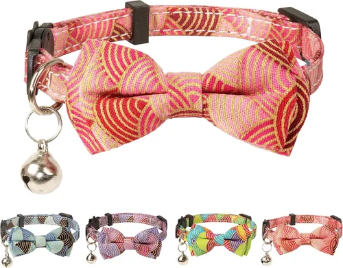 Vista 18 de Collar de gato Campana pajarita de seguridad para gatito, flor separable, Kimino Sakura, pastel, patrón de dibujos animados, gatito, niño, niña
