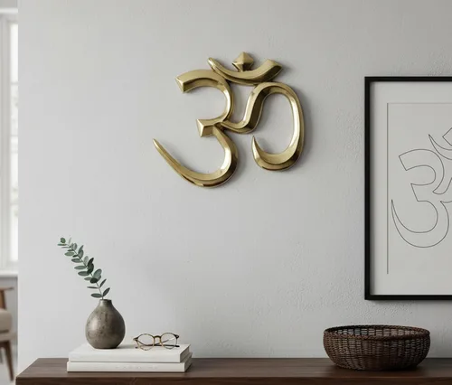 Vista 6 de eSplanade Escultura OM de latón para colgar en la pared, Vastu, Fengshui, buena suerte, símbolos religiosos, auspiciosos, ídolos de Pooja