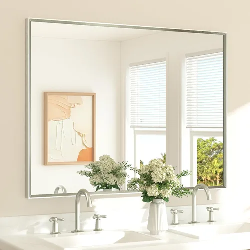 Vista 82 de TETOTE Espejo de baño dorado cepillado de 20" x 30", espejo de tocador de baño rectangular de latón dorado cepillado con marco biselado para sobre