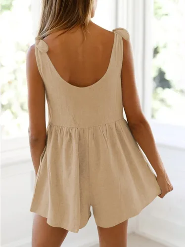 Vista 3 de Hilomirics Overol de verano para mujer, cuello redondo, sin mangas, holgado, ajustable, pantalones cortos de lino con bolsillos