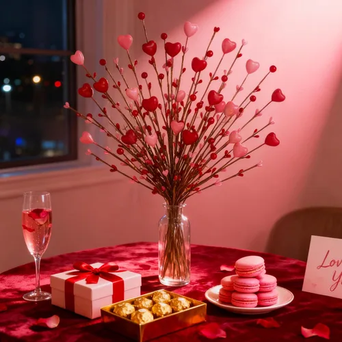Vista 5 de 6 tallos de bayas artificiales con forma de corazón rosa y rojo para jarrón, ramas de imitación para boda, aniversario, día de San Valentín