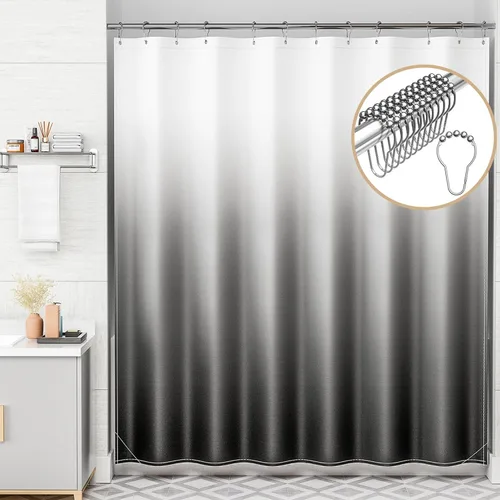 Vista 8 de AmazerBath Cortina de ducha, juego de cortina de tela ombre negra con 12 ganchos, cortina de ducha lavable de tela en negro y blanco, cortina
