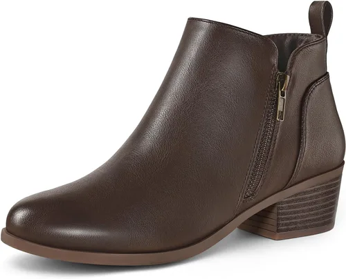 Vista 11 de Mysoft - Botines de tobillo para mujer con tacón bajo grueso y puntera redonda, estilo casual, cómodos, cortos con cremallera lateral PU Coñac