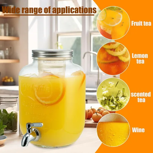 Vista 2 de Dispensadores de bebidas de vidrio de 1 galón para fiestas, paquete de 2 dispensadores de bebidas con soporte, cilindro de hielo y espita de acero