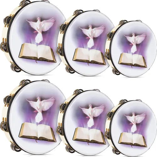 Vista 9 de Boao - 6 paquetes de pandereta de 6'' 8'' 10'' con diseño de paloma y biblia, pandereta de mano para adultos con doble fila de cascabeles, tambor