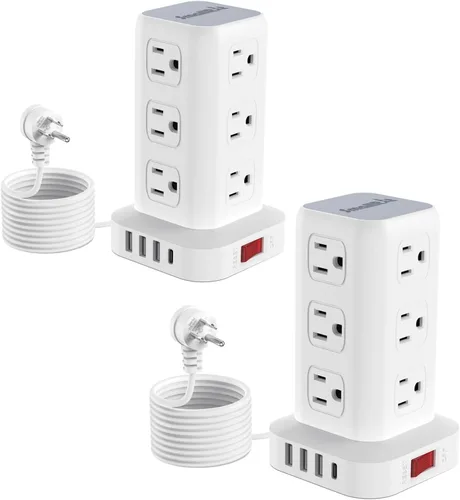 Vista 12 de Regleta de alimentación con 12 tomas, 4 USB (1 USB C), cable de extensión de 6.5 pies con múltiples tomas, estación de carga, torre de regleta