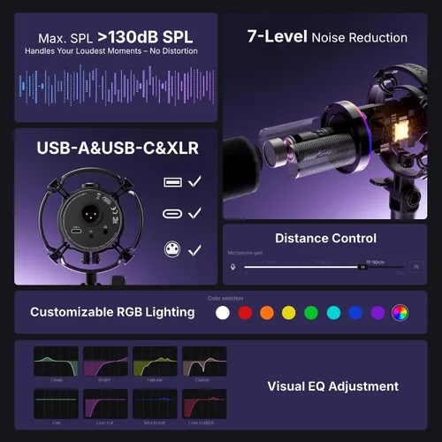 Vista 5 de MAONO Kit de micrófono dinámico XLR/USB, paquete de micrófono RGB para juegos para podcast Studio Streaming Grabación Vocal PD200X+BA92 Negro