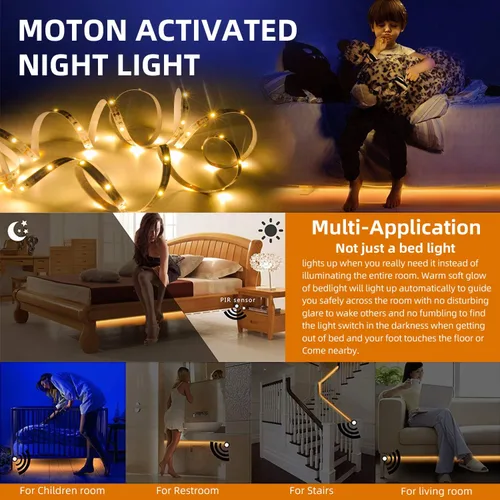 Vista 2 de Tira de luces LED activadas por movimiento, de 9.84 pies, color blanco cálido, no impermeable, alimentado por USB, con sensor de movimiento