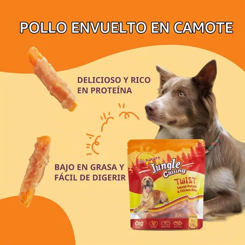 Vista 6 de Jungle Calling - Golosinas de pollo y batata para perros, masticables suaves sin cuero crudo