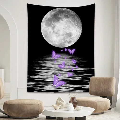 Vista 14 de LB Tapiz pequeño de luna llena sobre océano, tapiz de pared de cielo nocturno estrellado, fantasía 3D, arte de pared de luna grande en blanco