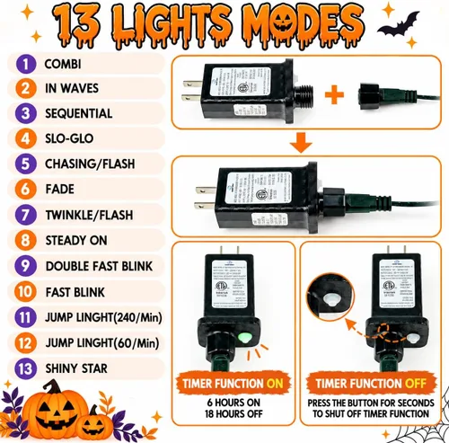 Vista 5 de Guirnalda de luces moradas y naranjas de Halloween, se pueden conectar entre sí, 2 unidades, 164 pies, 400 LED, 13 modos, impermeable