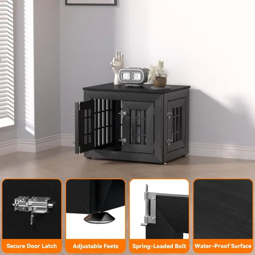 Vista 6 de Snuowu Mueble de jaula de perro resistente de 26 pulgadas para perros pequeños, medianos y grandes, jaula rústica de madera para perros, muebles