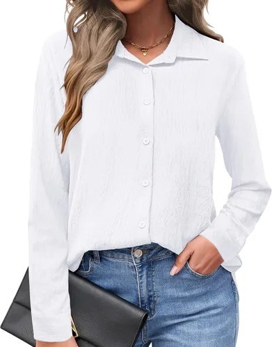Vista 13 de AUSELILY - Camisas con botones para mujer, manga larga, cuello con botones, blusas casuales para el trabajo y negocios, túnicas
