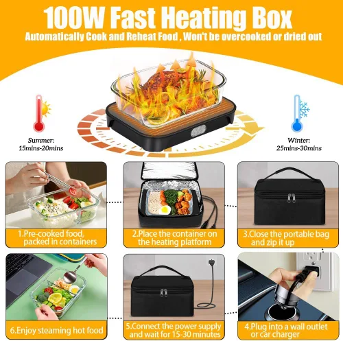 Vista 3 de Horno Portátil 100W Calentador de Alimentos, Lonchera Eléctrica de 12V/24V/110V Calentador de Alimentos para Adultos, Horno Microondas
