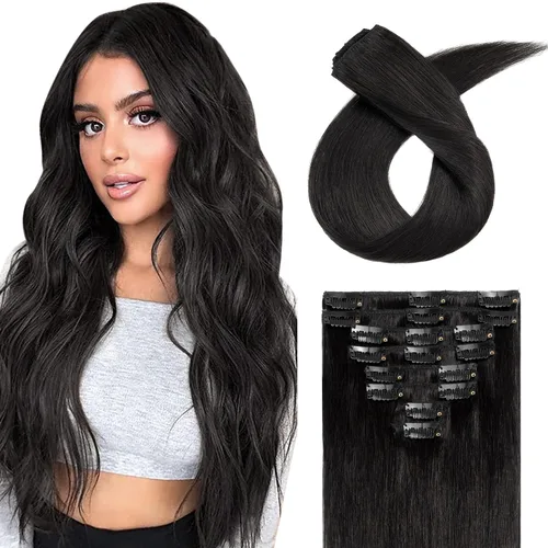 Vista 26 de Extensiones de cabello con clip, cabello humano Remy, extensiones de cabello largo lacio de una pieza con 5 clips, con gancho para colgar