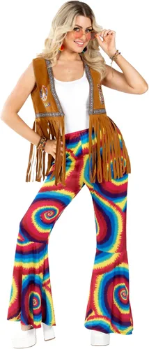 Vista 2 de Disfraz para mujer de los años 70 de las décadas de los años 70 Hippie acampanadas de discoteca arcoíris
