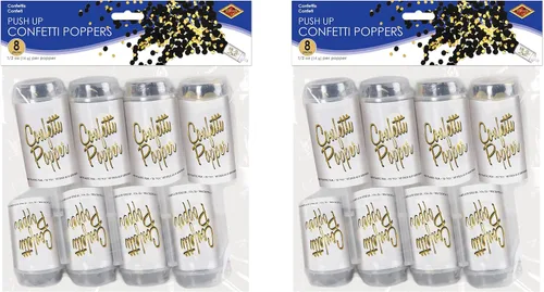 Vista 2 de Beistle Push Up - Paquete de 16 juguetes de confeti negros y dorados y tubos de celebración de confeti metálico para fiestas, eventos, Año Nuevo