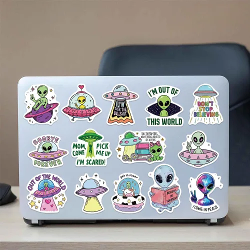 Vista 8 de 50 calcomanías alienígenas ET UFO calcomanías de vinilo impermeables Decoración extraíble reutilizable para botellas de agua, bicicleta