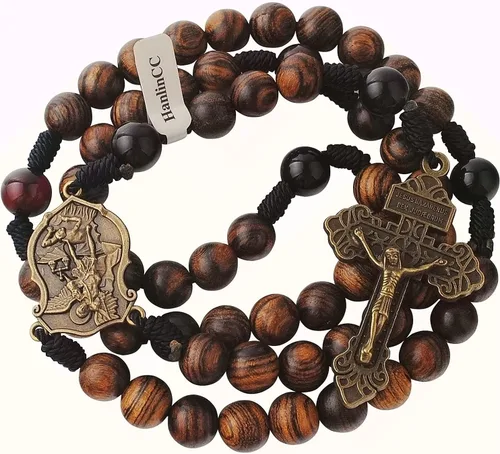 Vista 5 de HanlinCC Cuentas de madera maciza hechas a mano de 0.394 pulgadas con piedra de ágata, collar de rosario católico para hombres con pieza central