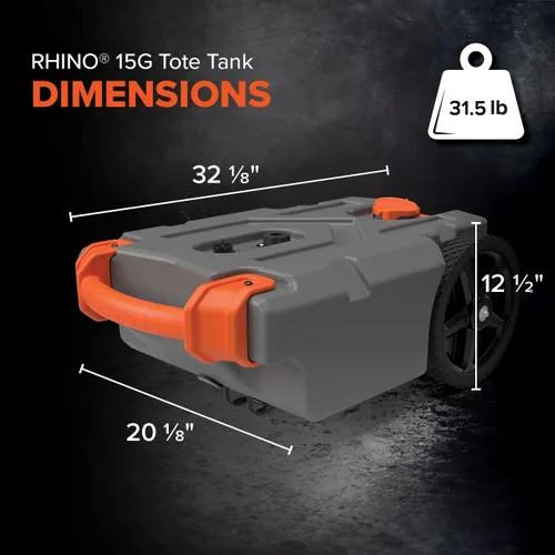 Vista 4 de Camco Rhino - Tanque portátil de 15 galones para RV - Cuenta con ruedas grandes resistentes a pinchazos y orificio de drenaje bajo - Incluye