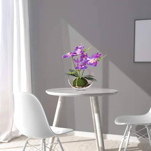 Vista 7 de MINYULUA Flor de orquídea artificial, arreglo floral de Phalaenopsis púrpura con jarrón, planta en maceta Bonsái para boda, fiesta, oficina, mesa