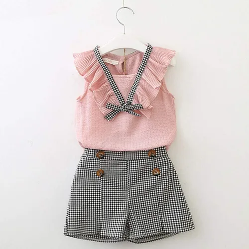 Vista 3 de Conjunto de ropa de primavera para niñas de 2 a 7 años de edad, sin mangas, con lazo y pantalones cortos a cuadros