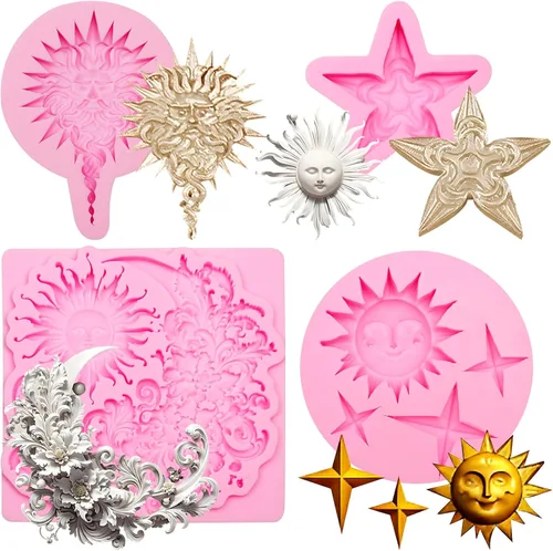 Vista 12 de Juego de moldes de silicona, formas de estrella de sol y luna, rosa, moldes para hornear dulces de chocolate, 5 piezas con temática celestial