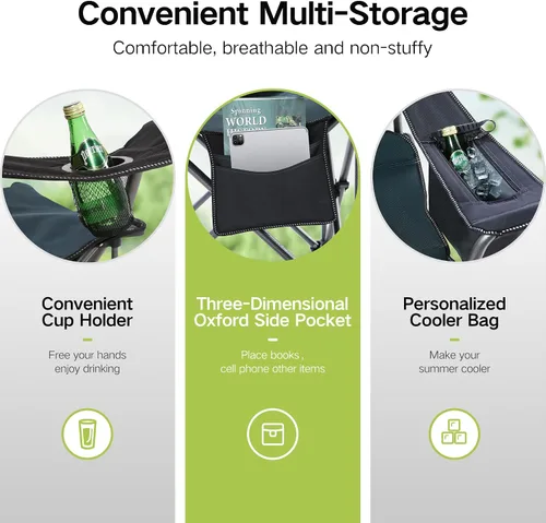 Vista 16 de GREEN PARTY Silla plegable de camping de gran tamaño resistente con bolsa refrigeradora, soporte para tazas, bolsillo de almacenamiento, silla
