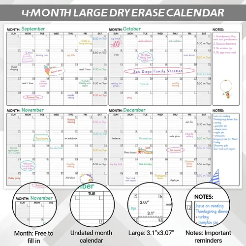Vista 3 de Calendario grande de borrado en seco, calendario de pared de 4 meses sin fecha, borrado en seco, 52 x 36 pulgadas, calendario grande para pared