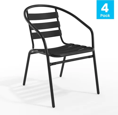 Vista 8 de EMMA + OLIVER Paquete de 4 sillas apilables de metal negro con respaldo curvado y listones de aluminio