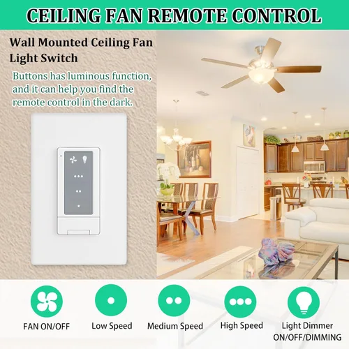 Vista 3 de Ventilador de techo de 3 velocidades con control remoto e interruptor de atenuación Combinación 2 en 1 de luz y control de pared, compatible
