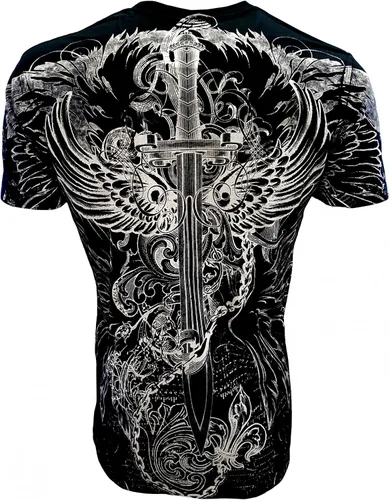 Vista 2 de KonflicUSA Camiseta para hombre con diseño de espada y cadenas, diseño de águila, diseño de espada y cadenas, color plateado metálico, cuello