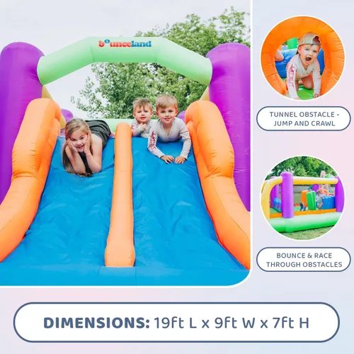 Vista 9 de Bounceland Pro Racer - Casa de rebote de obstáculos con toboganes dobles, rebote, subida, tobogán todo en uno, soplador UL 1 HP incluido, 19 pies x