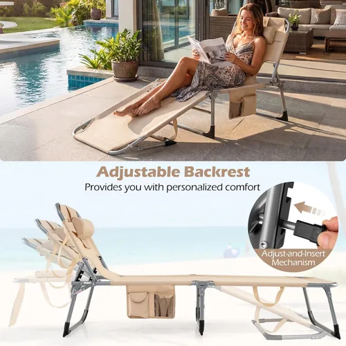 Vista 8 de Tangkula Silla de Bronceado con Orificio para la Cara, Silla Reclinable Plegable y Ajustable para Patio, Playa, Tomar el Sol con Bolsillo Lateral
