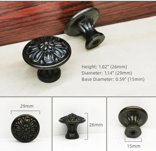 Vista 5 de Pomo de un solo agujero negro antiguo con diseño de pétalos vintage americano, accesorios de gabinete de aleación de zinc para tiradores de cocina