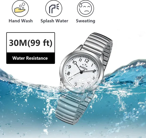 Vista 4 de BOSHIYA Reloj analógico de banda elástica para mujer, fácil de leer, números romanos, esfera de expansión de acero inoxidable, reloj de pulsera