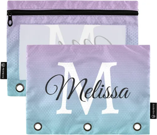Vista 12 de Estuche para lápices personalizado degradado morado para 3 anillas, bolsa de lápices personalizada con cremallera, estuche transparente