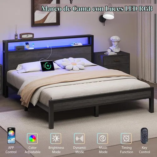 Vista 5 de LOEWAY Base de cama tamaño Queen con cabecero de almacenamiento y luces LED, color gris