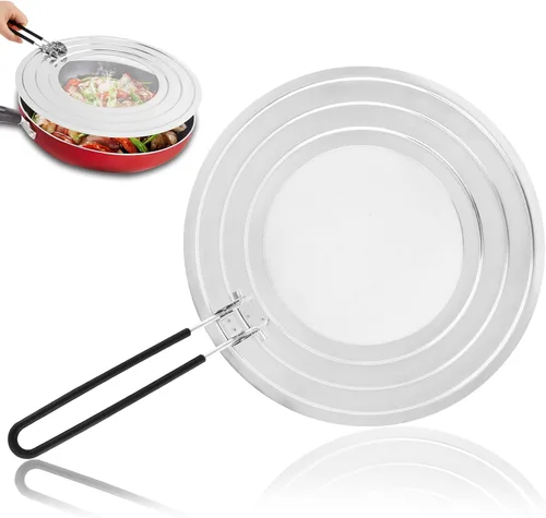Vista 9 de Pantalla de salpicaduras de acero inoxidable para sartén, protector de salpicaduras de grasa plegable con mango aislado plegable para sartenes