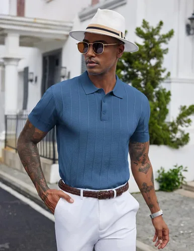 Vista 94 de COOFANDY Camisas polo de punto para hombre de manga corta con textura acanalada Camisas de golf casuales y ligeras con cuello Camiseta de polo