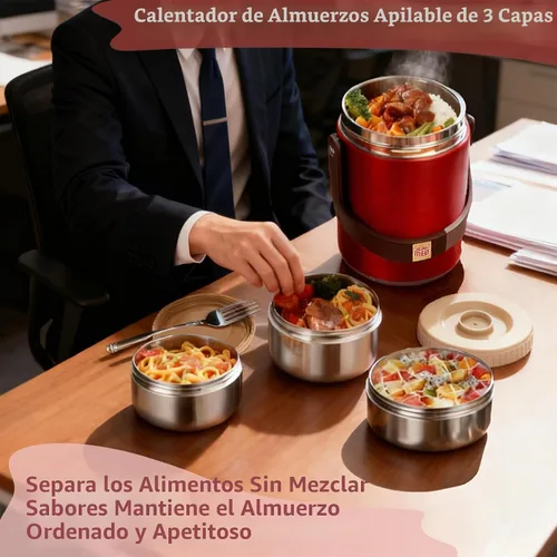 Vista 8 de Contenedor de comida aislado al vacío de 67 onzas para alimentos calientes, termo de alimentos apilable sellado de 3 niveles, lonchera térmica