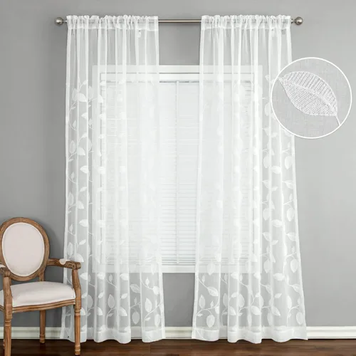 Vista 22 de Cortinas traslúcidas blancas de 63 pulgadas de largo, paneles de gasa bordada con hojas para cocina, sala de estar, dormitorio, ventanas pequeñas