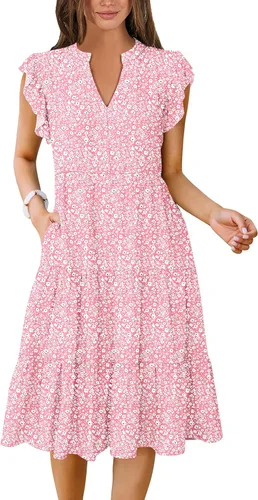 Vista 7 de ANRABESS Vestido de verano para mujer, manga con volantes, cuello en V, vestido midi a la moda, casual, holgado, escalonado, bohemio, playa