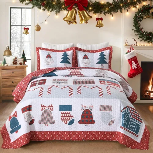 Vista 27 de MarCielo Juego de Edredón Navideño, Juego de Colcha B022, Blanco, Queen